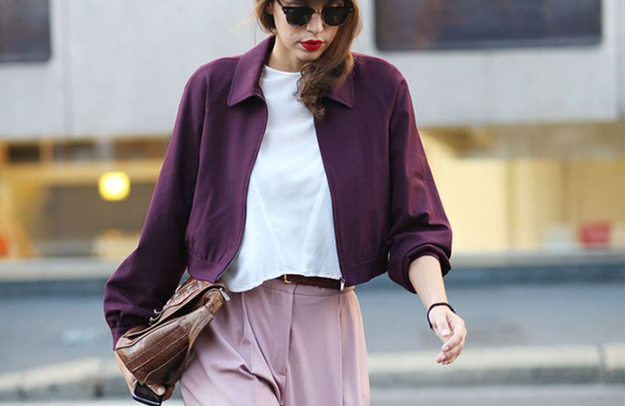 کت زنانه بنفش و شومیز سفید