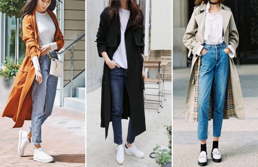 شلوار جین مام استایل، پیراهن ابریشمی و کت ترنچ