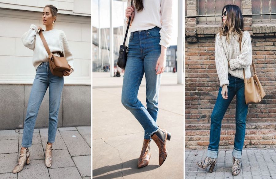 شلوار جین مام استایل، پلیور سفید و چکمهی پوست ماری