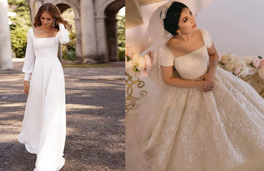 لباس عروس با یقه خشتی