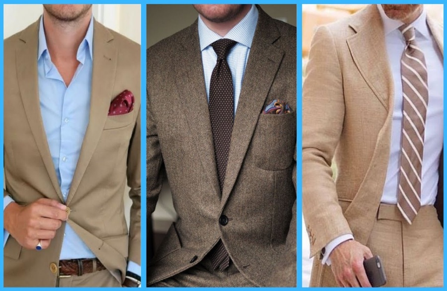 ست کردن پیراهن آبی با کت و شلوار کرم